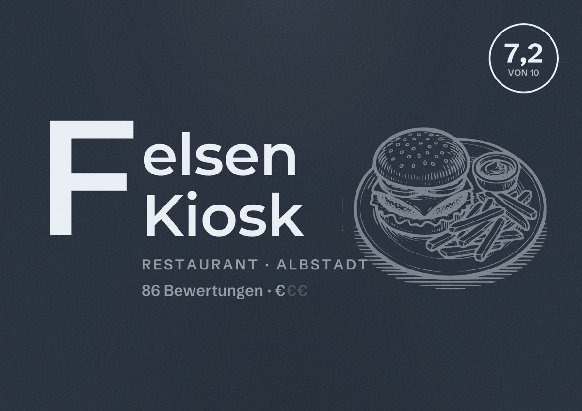 Illustriertes Poster von Felsen Kiosk, Restaurant in Albstadt: Bewertung 7,2 von 10 aus 86 Bewertungen, Preisniveau €