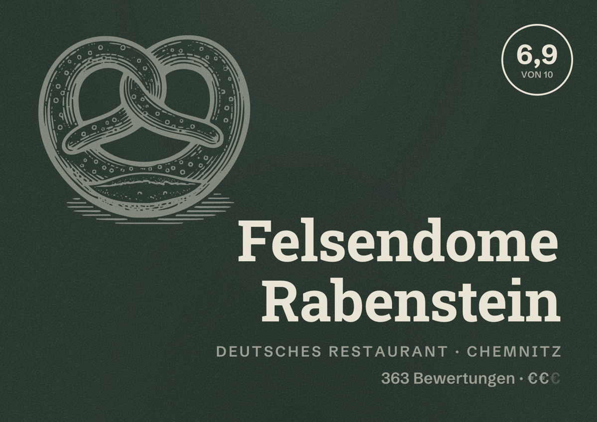 Illustriertes Poster von Felsendome Rabenstein, Deutsches Restaurant in Chemnitz: Bewertung 6,9 von 10 aus 363 Bewertungen, Preisniveau €€