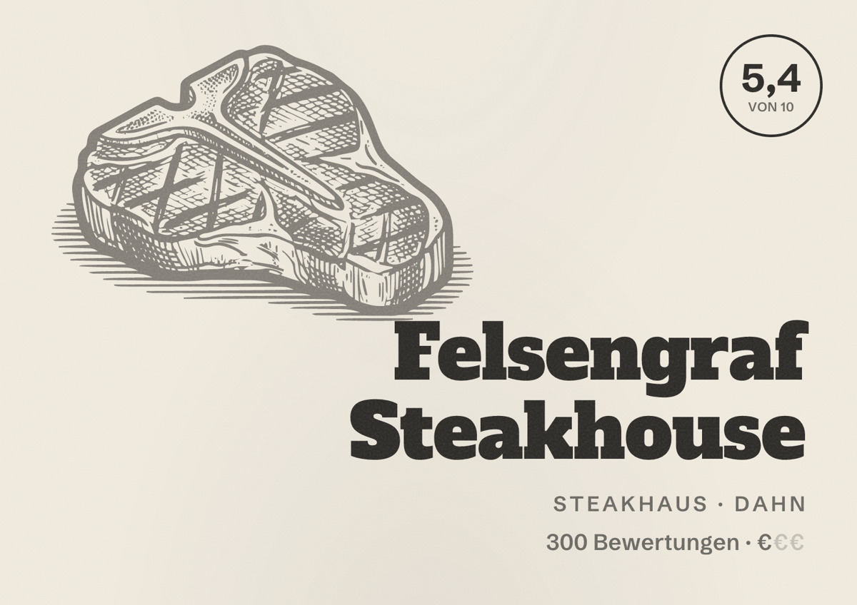 Illustriertes Poster von Felsengraf Steakhouse, Steakhaus in Dahn: Bewertung 5,4 von 10 aus 300 Bewertungen, Preisniveau €
