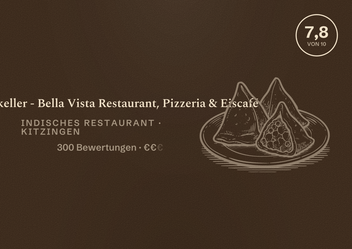 Illustriertes Poster von Felsenkeller - Bella Vista Restaurant, Pizzeria & Eiscafé, Indisches Restaurant in Kitzingen: Bewertung 7,8 von 10 aus 300 Bewertungen, Preisniveau €€