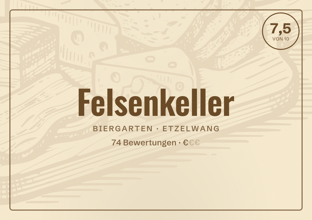 Illustriertes Poster von Felsenkeller, Biergarten in Etzelwang: Bewertung 7,5 von 10 aus 74 Bewertungen, Preisniveau €