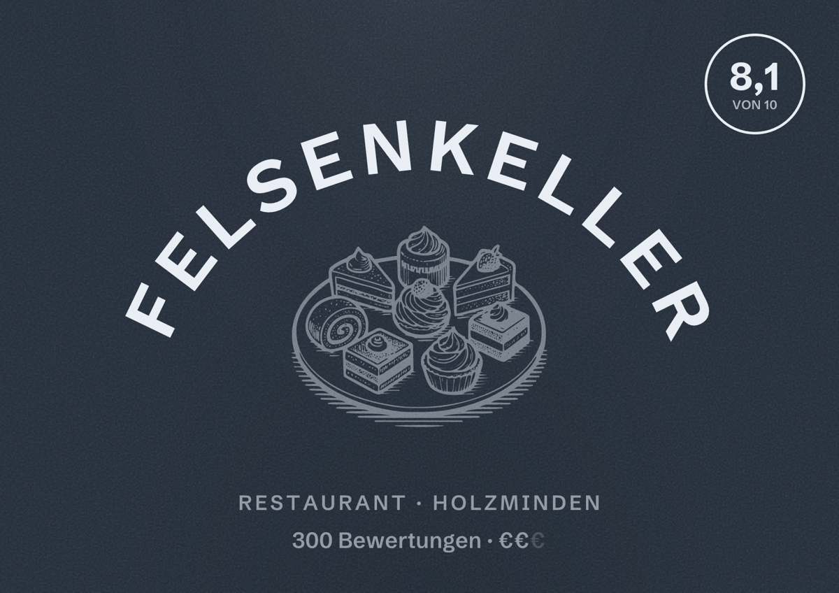Illustriertes Poster von Felsenkeller, Restaurant in Holzminden: Bewertung 8,1 von 10 aus 300 Bewertungen, Preisniveau €€