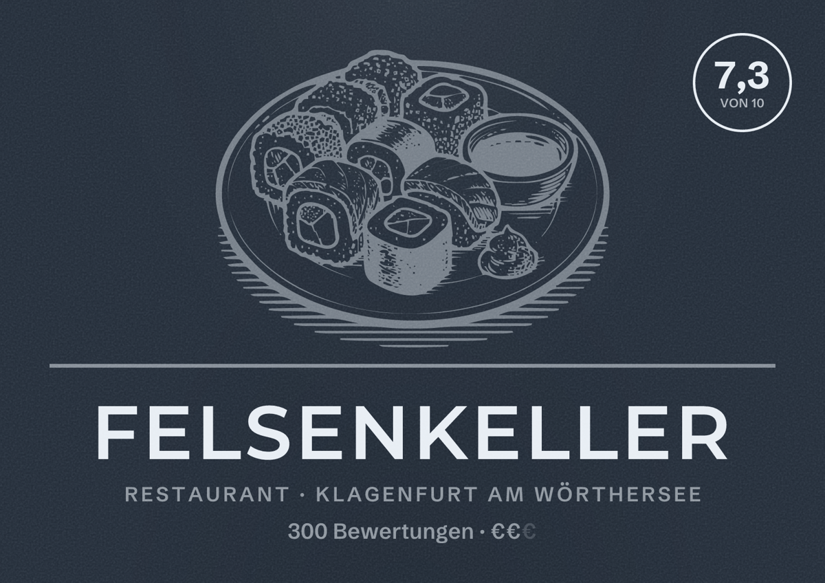 Illustriertes Poster von Felsenkeller, Restaurant in Klagenfurt am Wörthersee: Bewertung 7,3 von 10 aus 300 Bewertungen, Preisniveau €€