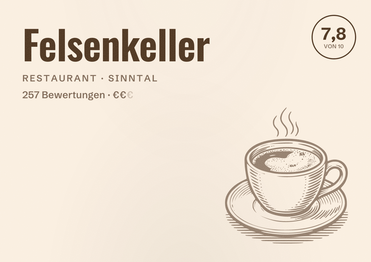 Illustriertes Poster von Felsenkeller, Restaurant in Sinntal: Bewertung 7,8 von 10 aus 257 Bewertungen, Preisniveau €€