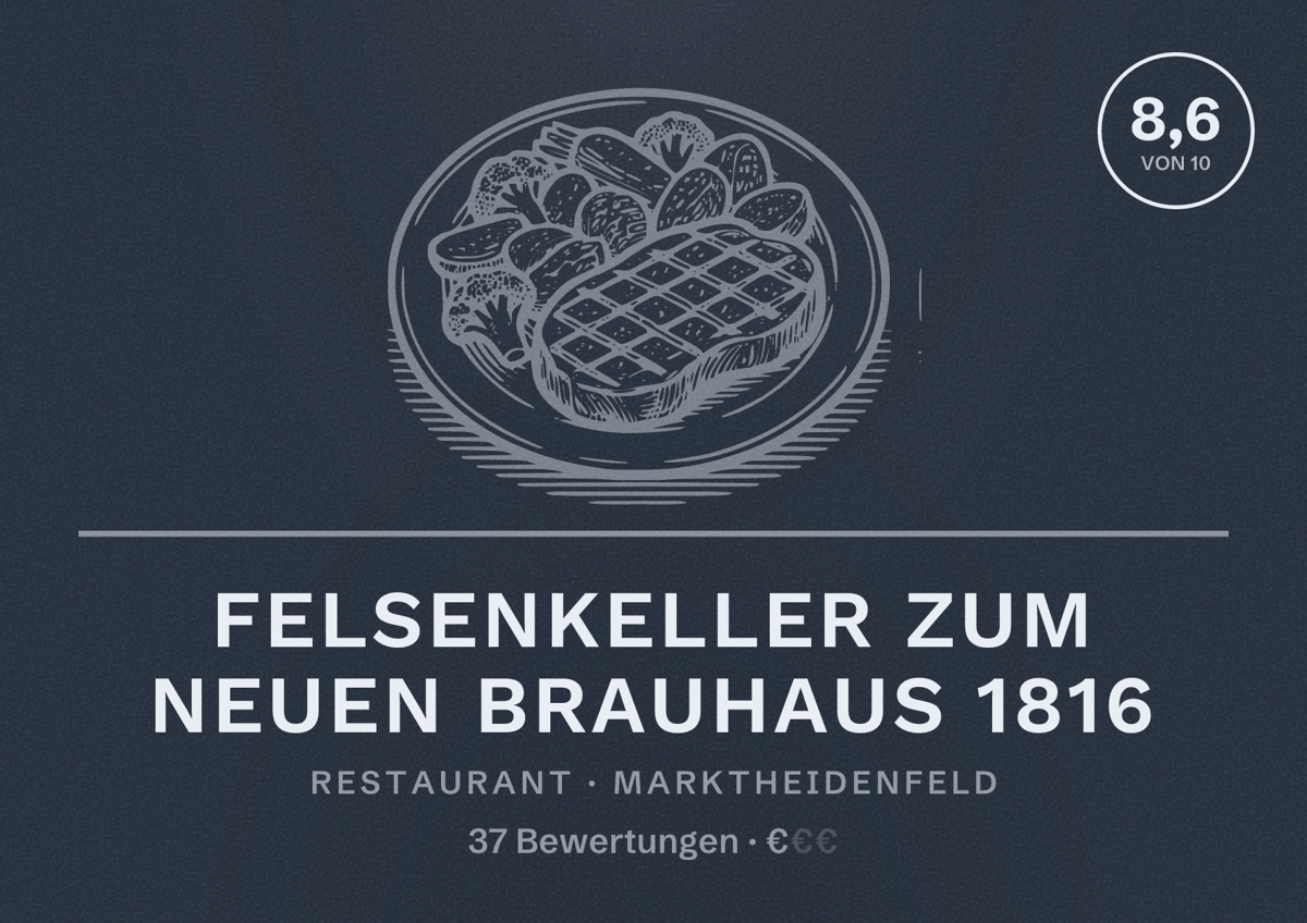 Illustriertes Poster von Felsenkeller Zum Neuen Brauhaus 1816, Restaurant in Marktheidenfeld: Bewertung 8,6 von 10 aus 37 Bewertungen, Preisniveau €