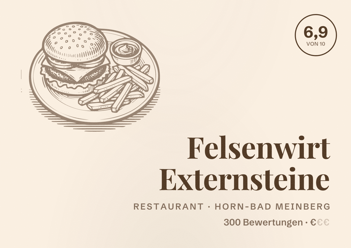Illustriertes Poster von Felsenwirt Externsteine, Restaurant in Horn-Bad Meinberg: Bewertung 6,9 von 10 aus 300 Bewertungen, Preisniveau €