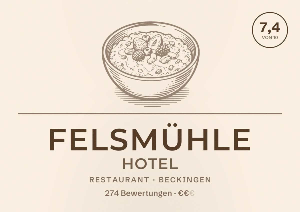 Illustriertes Poster von Felsmühle Hotel, Restaurant in Beckingen: Bewertung 7,4 von 10 aus 274 Bewertungen, Preisniveau €€