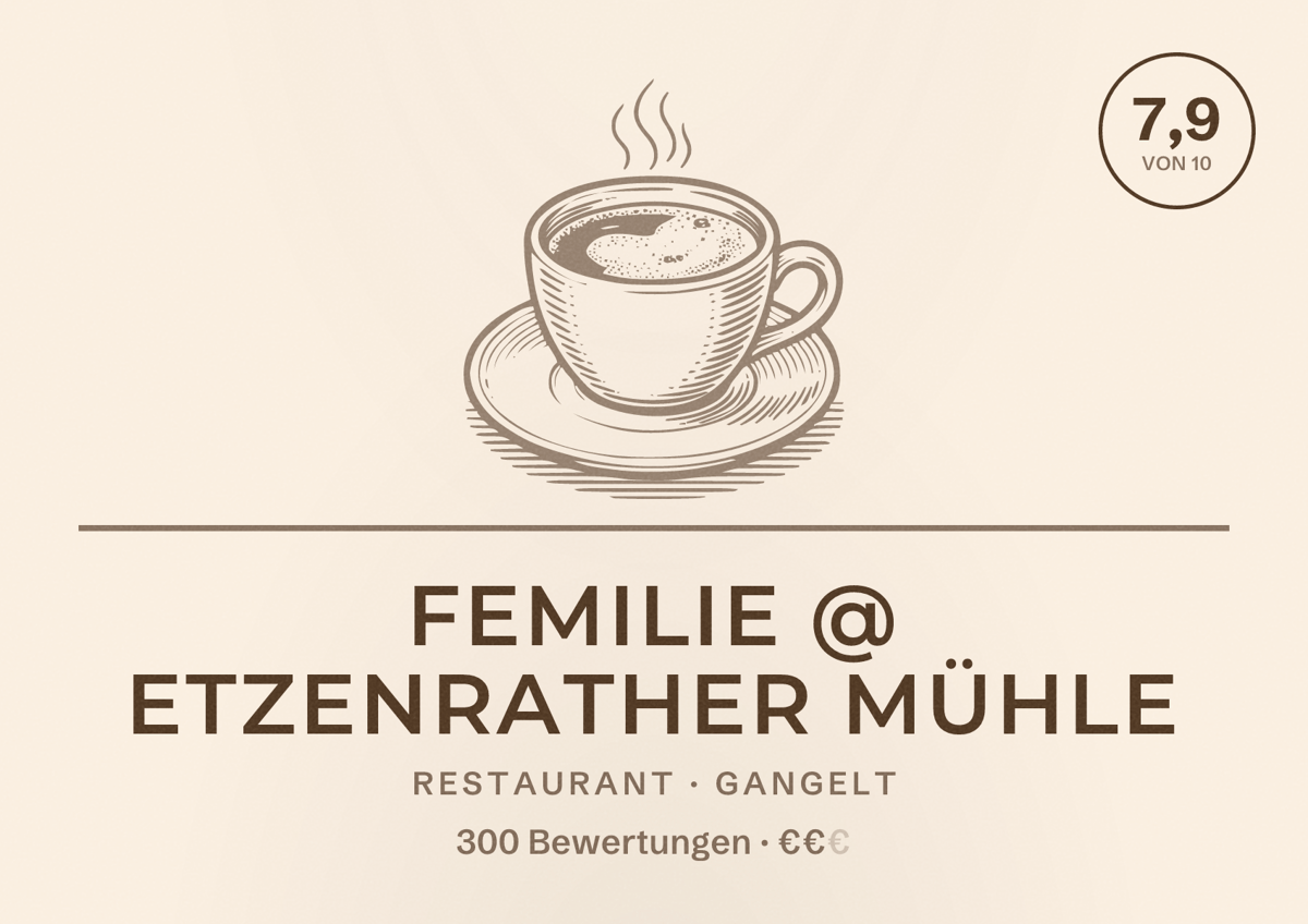 Illustriertes Poster von FEMILIE @ Etzenrather Mühle, Restaurant in Gangelt: Bewertung 7,9 von 10 aus 300 Bewertungen, Preisniveau €€