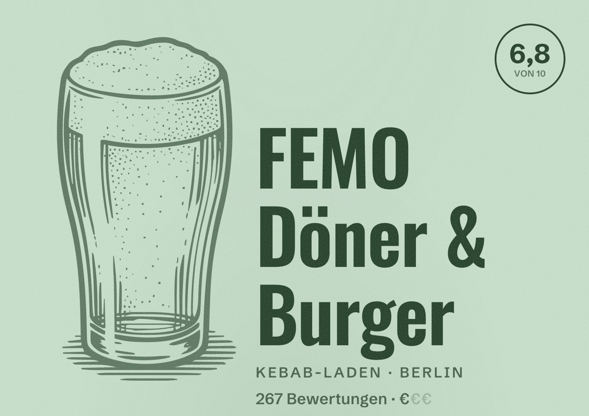 Illustriertes Poster von FEMO Döner & Burger, Kebab-Laden in Berlin: Bewertung 6,8 von 10 aus 267 Bewertungen, Preisniveau €
