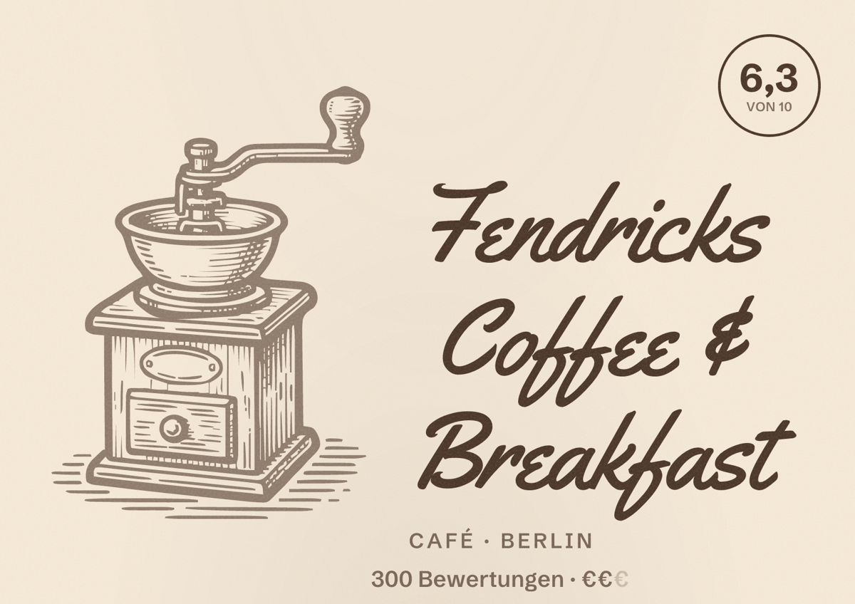Illustriertes Poster von Fendricks Coffee & Breakfast, Café in Berlin: Bewertung 6,3 von 10 aus 300 Bewertungen, Preisniveau €€