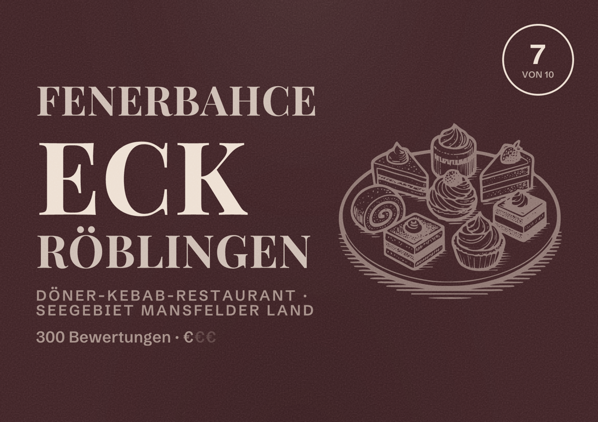 Illustriertes Poster von Fenerbahce Eck Röblingen, Döner-Kebab-Restaurant in Seegebiet Mansfelder Land: Bewertung 7 von 10 aus 300 Bewertungen, Preisniveau €