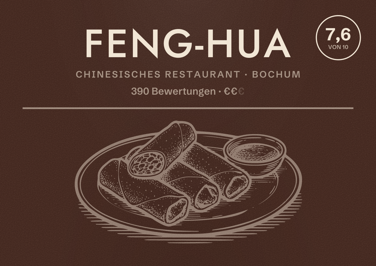 Illustriertes Poster von FENG-HUA, Chinesisches Restaurant in Bochum: Gästebewertung 7,6 von 10 aus 390 Bewertungen
