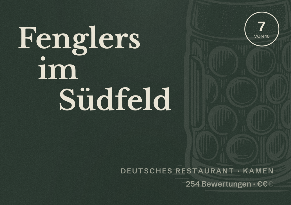 Illustriertes Poster von Fenglers im Südfeld, Deutsches Restaurant in Kamen: Bewertung 7 von 10 aus 254 Bewertungen, Preisniveau €€