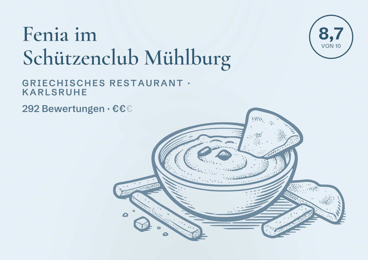 Illustriertes Poster von Fenia im Schützenclub Mühlburg, Griechisches Restaurant in Karlsruhe: Bewertung 8,7 von 10 aus 292 Bewertungen, Preisniveau €€