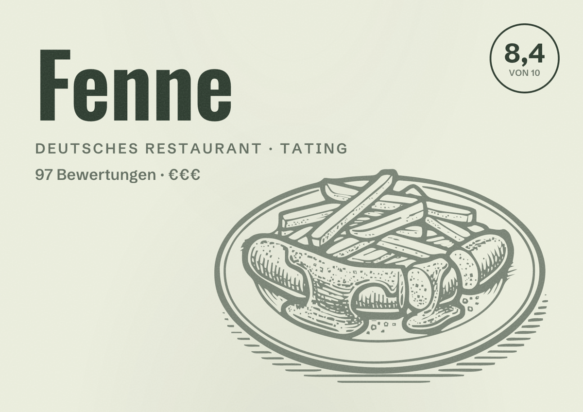 Illustriertes Poster von Fenne, Deutsches Restaurant in Tating: Bewertung 8,4 von 10 aus 97 Bewertungen, Preisniveau €€€