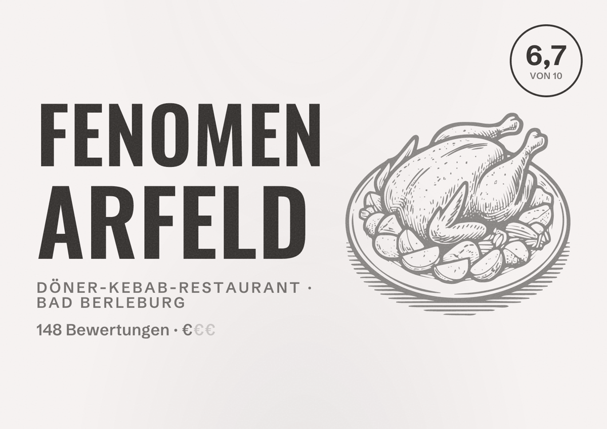 Illustriertes Poster von Fenomen Arfeld, Döner-Kebab-Restaurant in Bad Berleburg: Bewertung 6,7 von 10 aus 148 Bewertungen, Preisniveau €