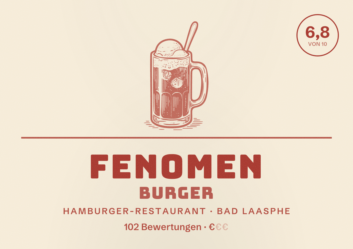 Illustriertes Poster von Fenomen Burger, Hamburger-Restaurant in Bad Laasphe: Bewertung 6,8 von 10 aus 102 Bewertungen, Preisniveau €