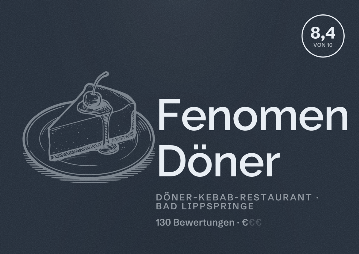 Illustriertes Poster von Fenomen Döner, Döner-Kebab-Restaurant in Bad Lippspringe: Bewertung 8,4 von 10 aus 130 Bewertungen, Preisniveau €