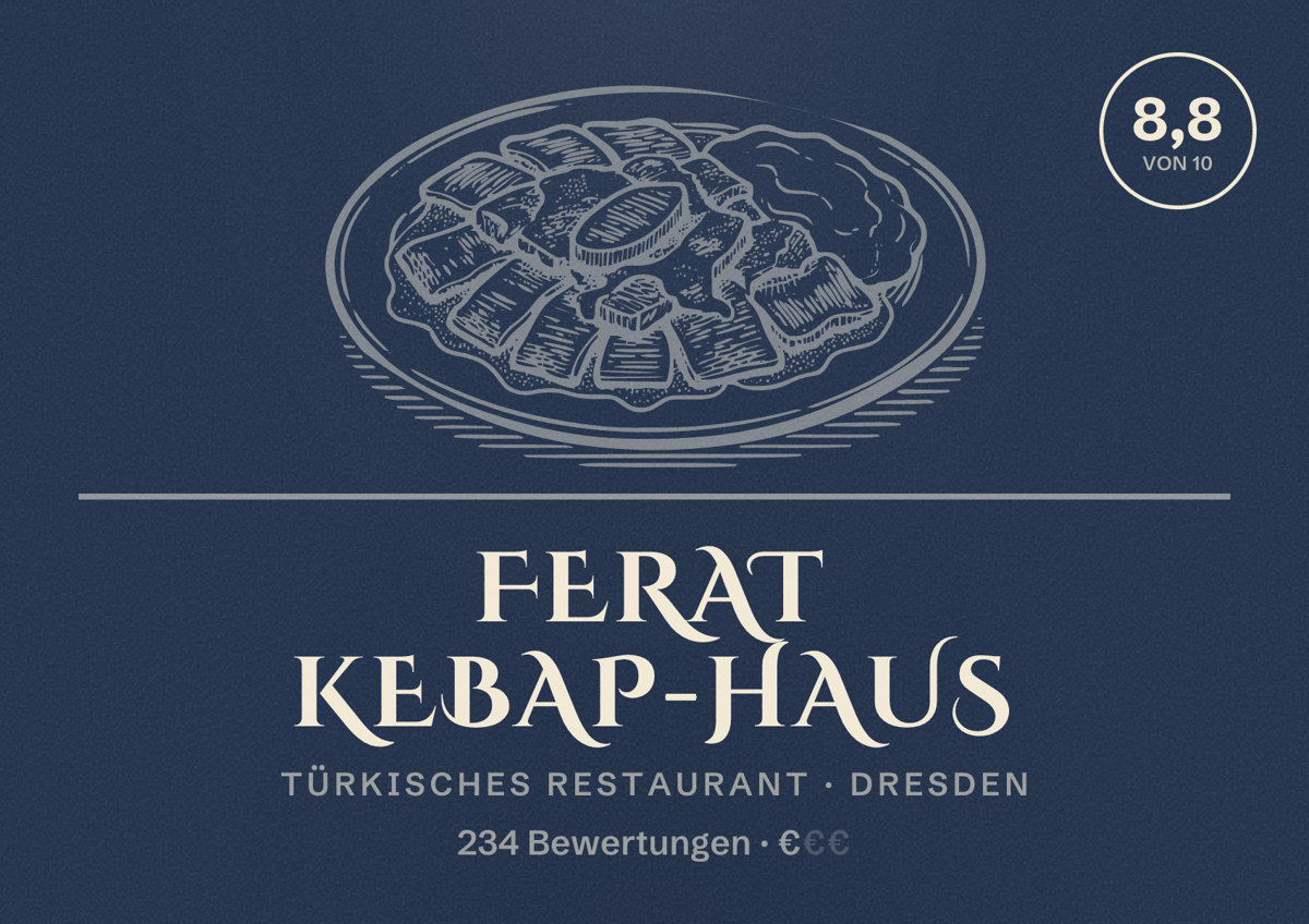 Illustriertes Poster von Ferat Kebap-Haus, Türkisches Restaurant in Dresden: Bewertung 8,8 von 10 aus 234 Bewertungen, Preisniveau €
