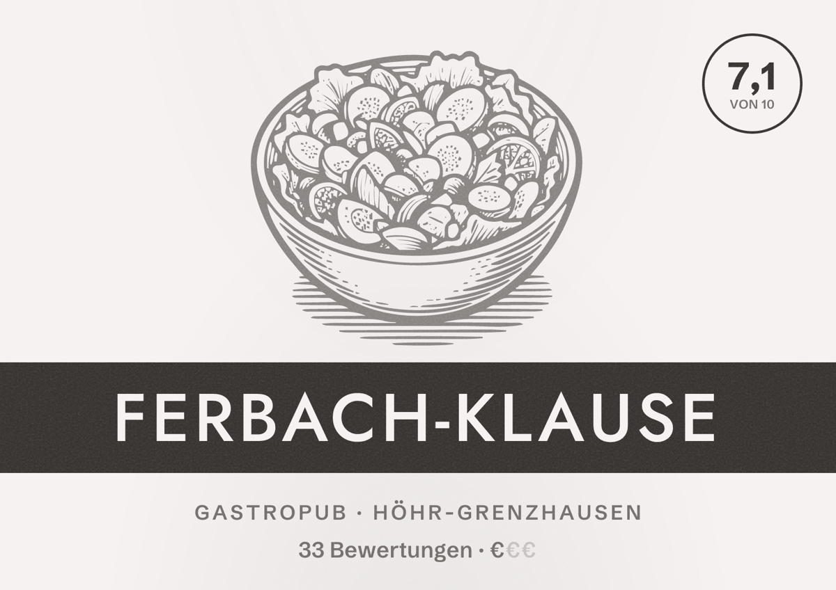 Illustriertes Poster von Ferbach-Klause, Gastropub in Höhr-Grenzhausen: Bewertung 7,1 von 10 aus 33 Bewertungen, Preisniveau €
