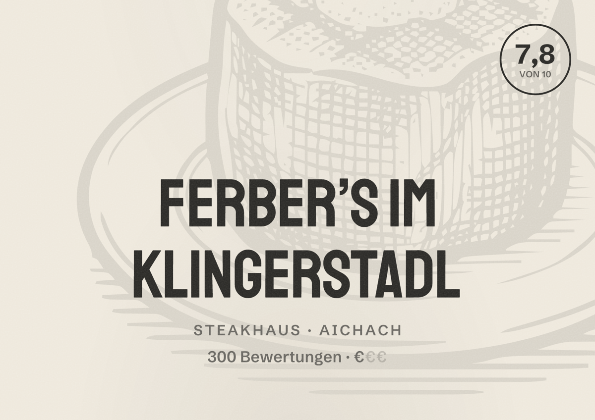 Illustriertes Poster von Ferber’s im Klingerstadl, Steakhaus in Aichach: Bewertung 7,8 von 10 aus 300 Bewertungen, Preisniveau €