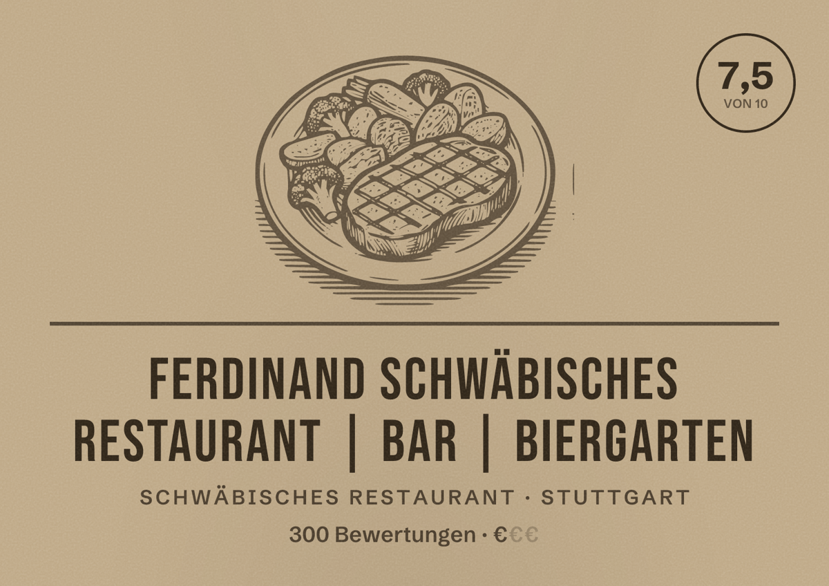 Illustriertes Poster von FERDINAND Schwäbisches Restaurant | Bar | Biergarten, Schwäbisches Restaurant in Stuttgart: Bewertung 7,5 von 10 aus 300 Bewertungen, Preisniveau €