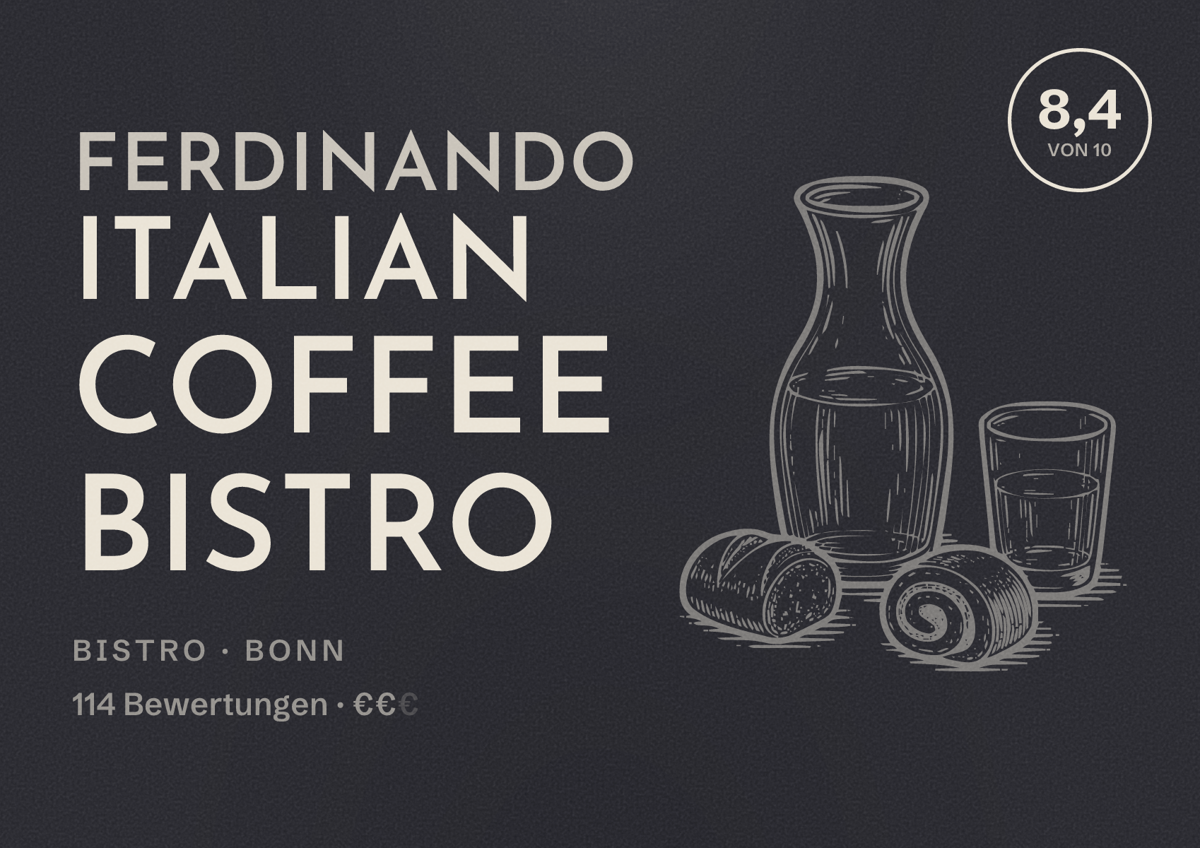 Illustriertes Poster von Ferdinando Italian coffee bistro, Bistro in Bonn: Bewertung 8,4 von 10 aus 114 Bewertungen, Preisniveau €€