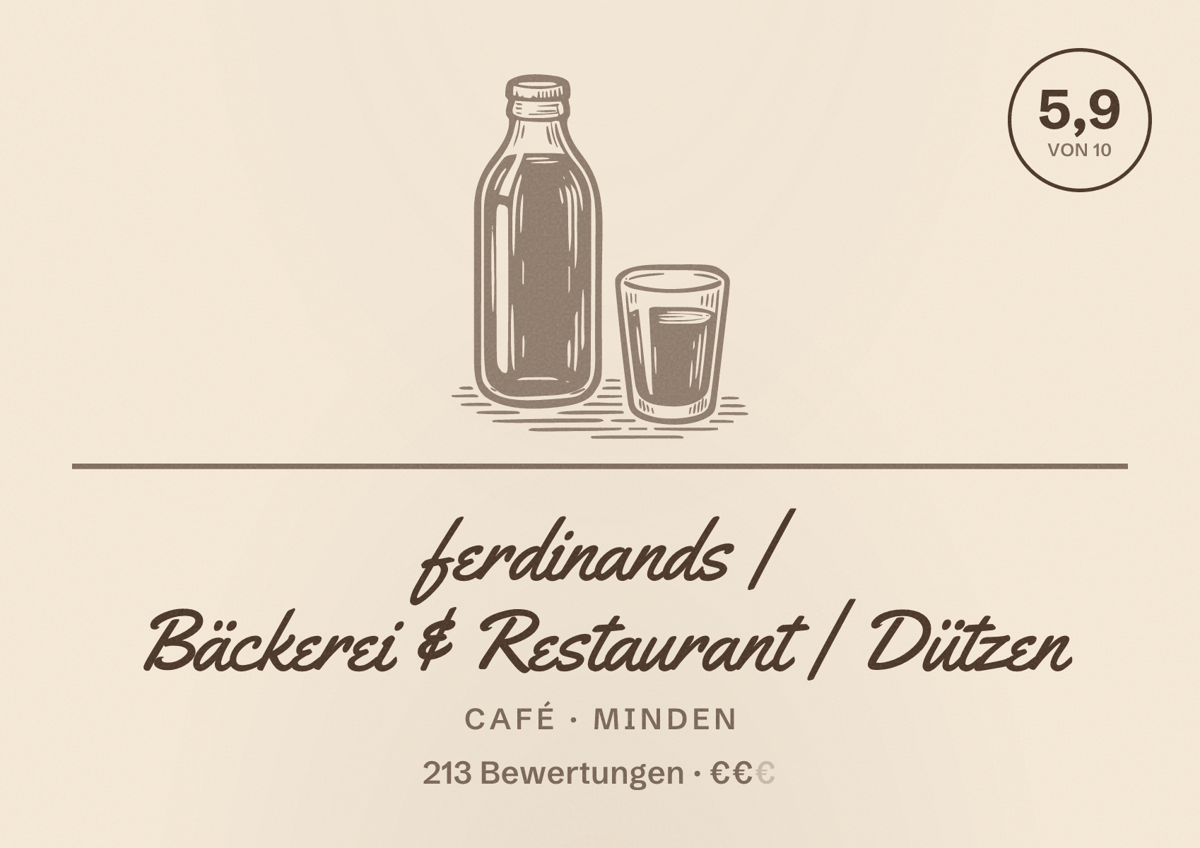 Illustriertes Poster von ferdinands | Bäckerei & Restaurant | Dützen, Café in Minden: Bewertung 5,9 von 10 aus 213 Bewertungen, Preisniveau €€