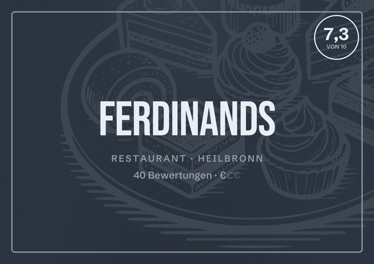 Illustriertes Poster von Ferdinands, Restaurant in Heilbronn: Bewertung 7,3 von 10 aus 40 Bewertungen, Preisniveau €