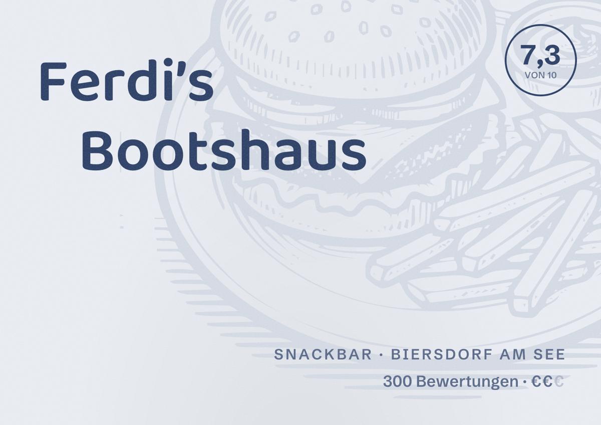 Illustriertes Poster von Ferdi’s Bootshaus, Snackbar in Biersdorf am See: Bewertung 7,3 von 10 aus 300 Bewertungen, Preisniveau €€