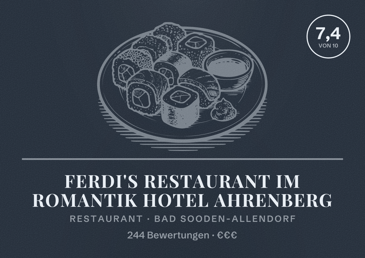 Illustriertes Poster von Ferdi's Restaurant im Romantik Hotel Ahrenberg, Restaurant in Bad Sooden-Allendorf: Bewertung 7,4 von 10 aus 244 Bewertungen, Preisniveau €€€