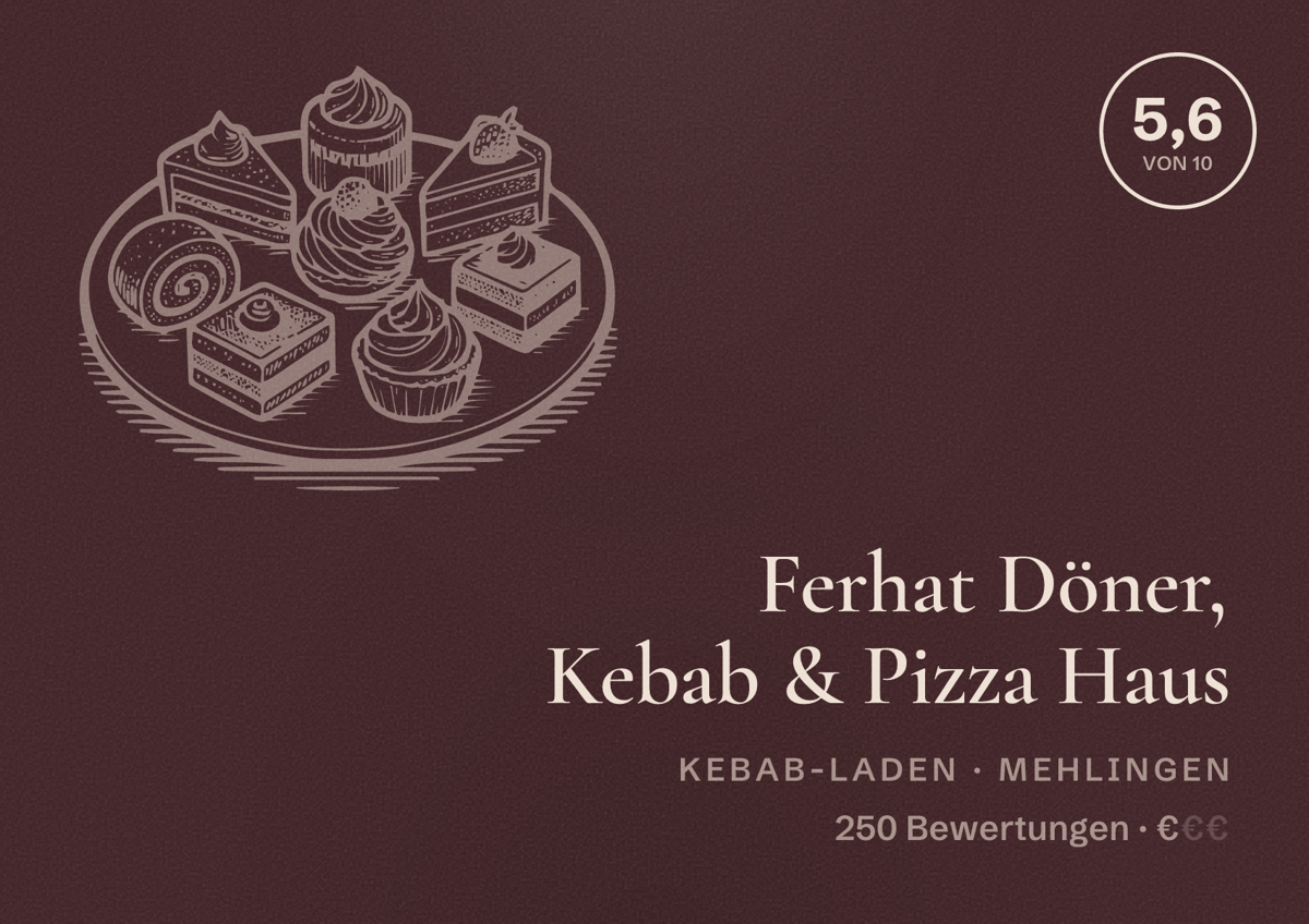 Illustriertes Poster von Ferhat Döner, Kebab & Pizza Haus, Kebab-Laden in Mehlingen: Bewertung 5,6 von 10 aus 250 Bewertungen, Preisniveau €