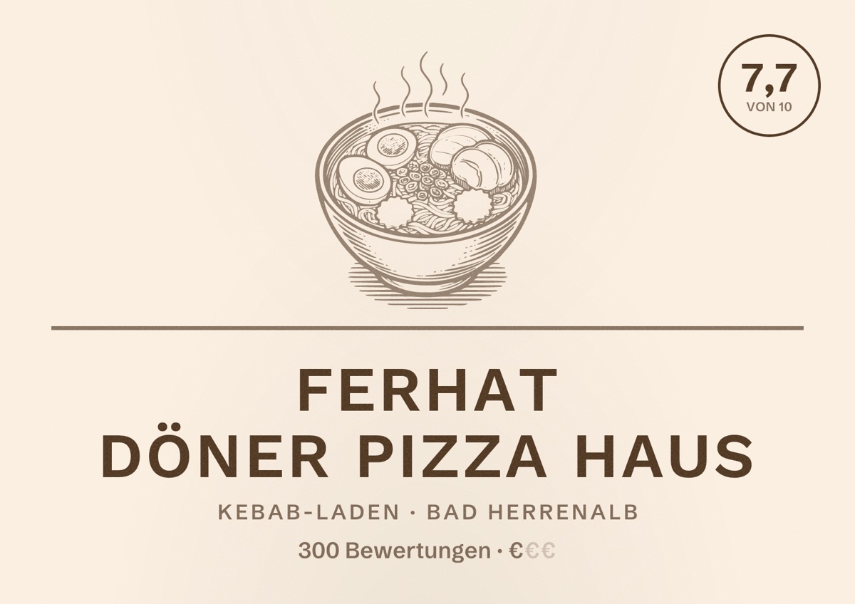 Illustriertes Poster von Ferhat Döner Pizza Haus, Kebab-Laden in Bad Herrenalb: Bewertung 7,7 von 10 aus 300 Bewertungen, Preisniveau €