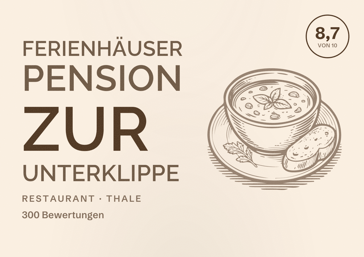 Illustriertes Poster von Ferienhäuser Pension Zur Unterklippe, Restaurant in Thale: Bewertung 8,7 von 10 aus 300 Bewertungen