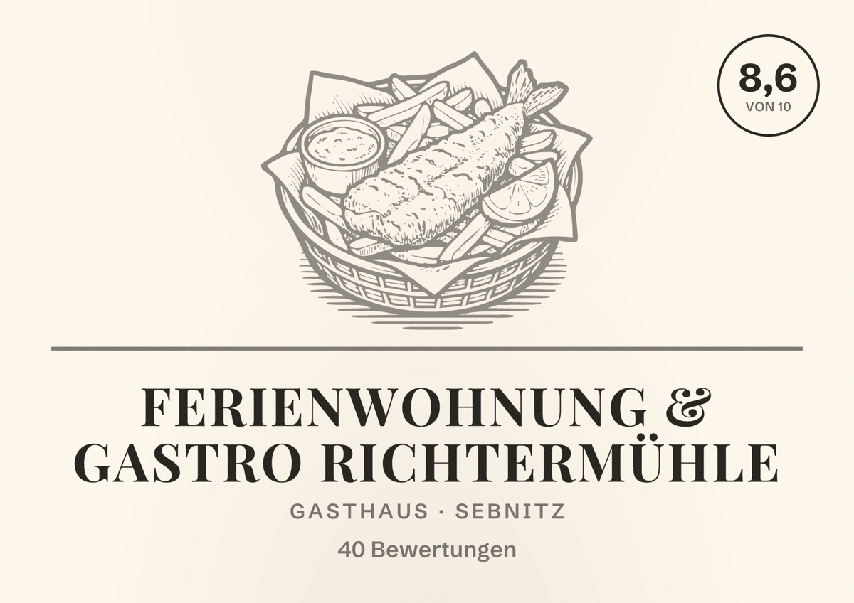Illustriertes Poster von Ferienwohnung & Gastro Richtermühle, Gasthaus in Sebnitz: Bewertung 8,6 von 10 aus 40 Bewertungen