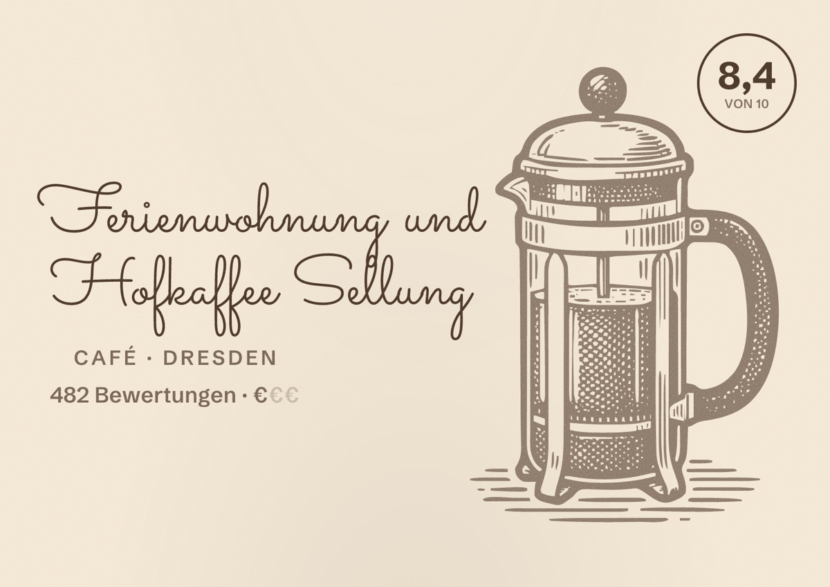 Illustriertes Poster von Ferienwohnung und Hofkaffee Sellung, Café in Dresden: Bewertung 8,4 von 10 aus 482 Bewertungen, Preisniveau €