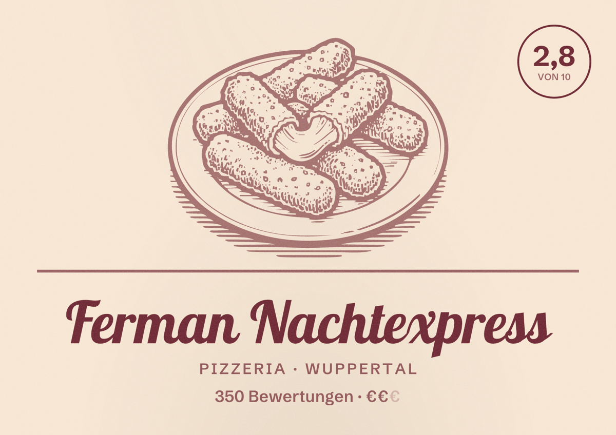 Illustriertes Poster von Ferman Nachtexpress, Pizzeria in Wuppertal: Bewertung 2,8 von 10 aus 350 Bewertungen, Preisniveau €€