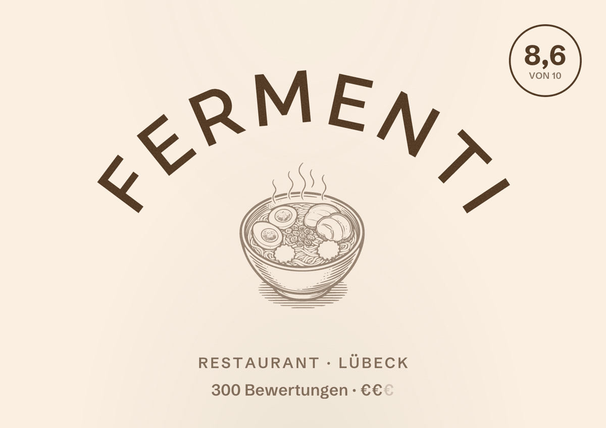 Illustriertes Poster von Fermenti, Restaurant in Lübeck: Bewertung 8,6 von 10 aus 300 Bewertungen, Preisniveau €€