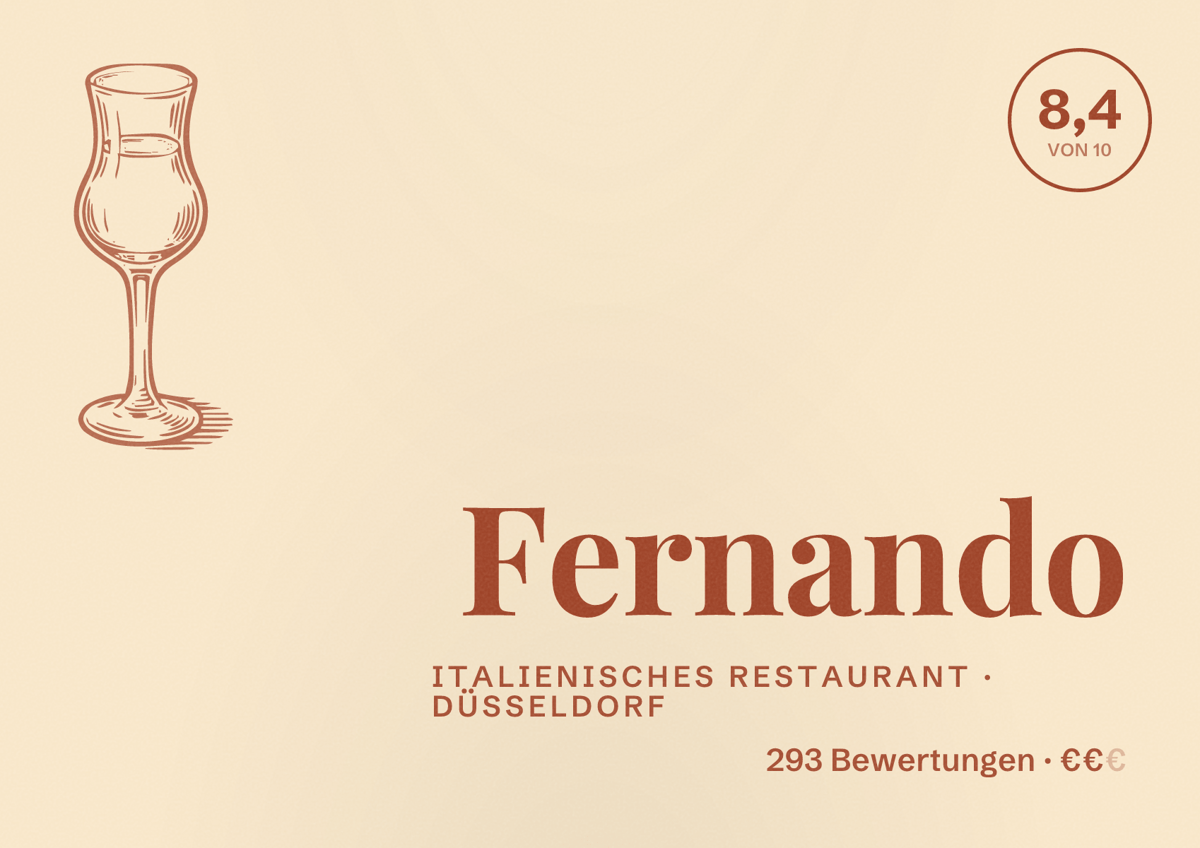 Illustriertes Poster von Fernando, Italienisches Restaurant in Düsseldorf: Bewertung 8,4 von 10 aus 293 Bewertungen, Preisniveau €€