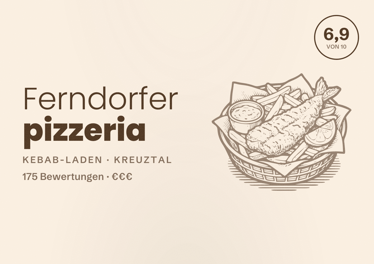 Illustriertes Poster von Ferndorfer pizzeria, Kebab-Laden in Kreuztal: Bewertung 6,9 von 10 aus 175 Bewertungen, Preisniveau €€€