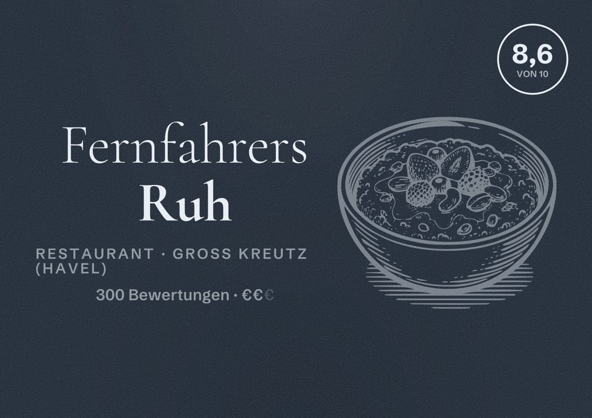 Illustriertes Poster von Fernfahrers Ruh, Restaurant in Groß Kreutz (Havel): Bewertung 8,6 von 10 aus 300 Bewertungen, Preisniveau €€