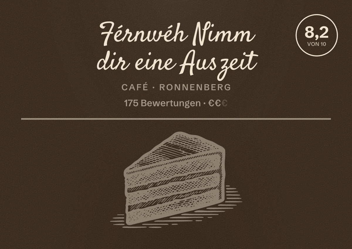 Illustriertes Poster von Férnwéh Nimm dir eine Auszeit, Café in Ronnenberg: Bewertung 8,2 von 10 aus 175 Bewertungen, Preisniveau €€