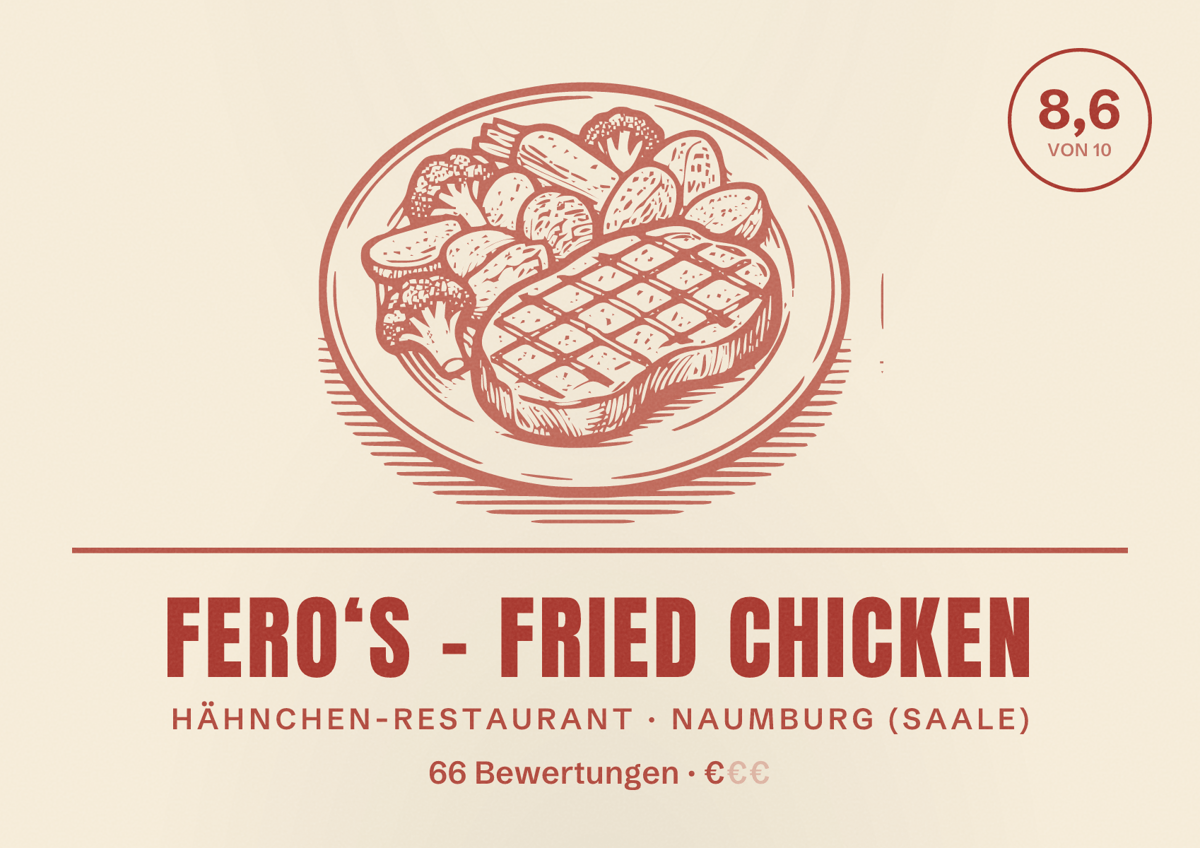 Illustriertes Poster von Fero‘s - Fried Chicken, Hähnchen-Restaurant in Naumburg (Saale): Bewertung 8,6 von 10 aus 66 Bewertungen, Preisniveau €