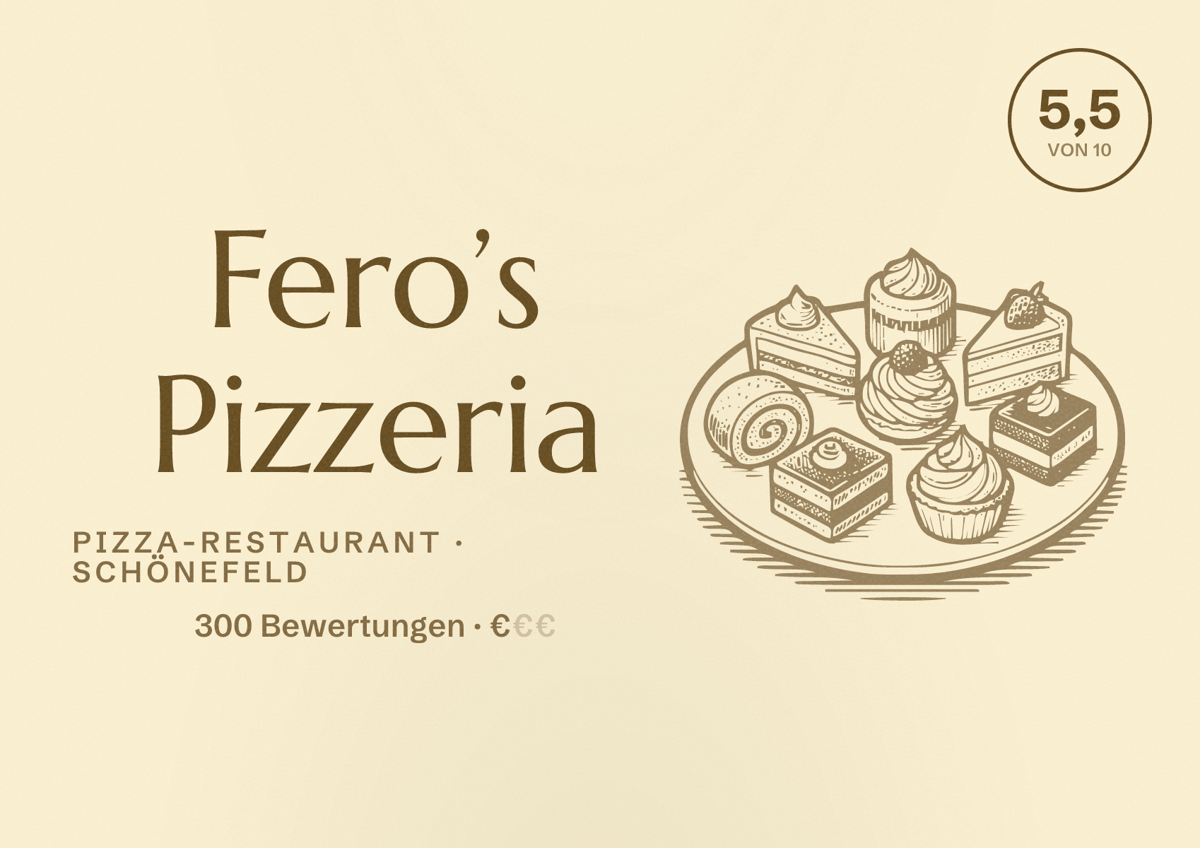 Illustriertes Poster von Fero’s Pizzeria, Pizza-Restaurant in Schönefeld: Bewertung 5,5 von 10 aus 300 Bewertungen, Preisniveau €