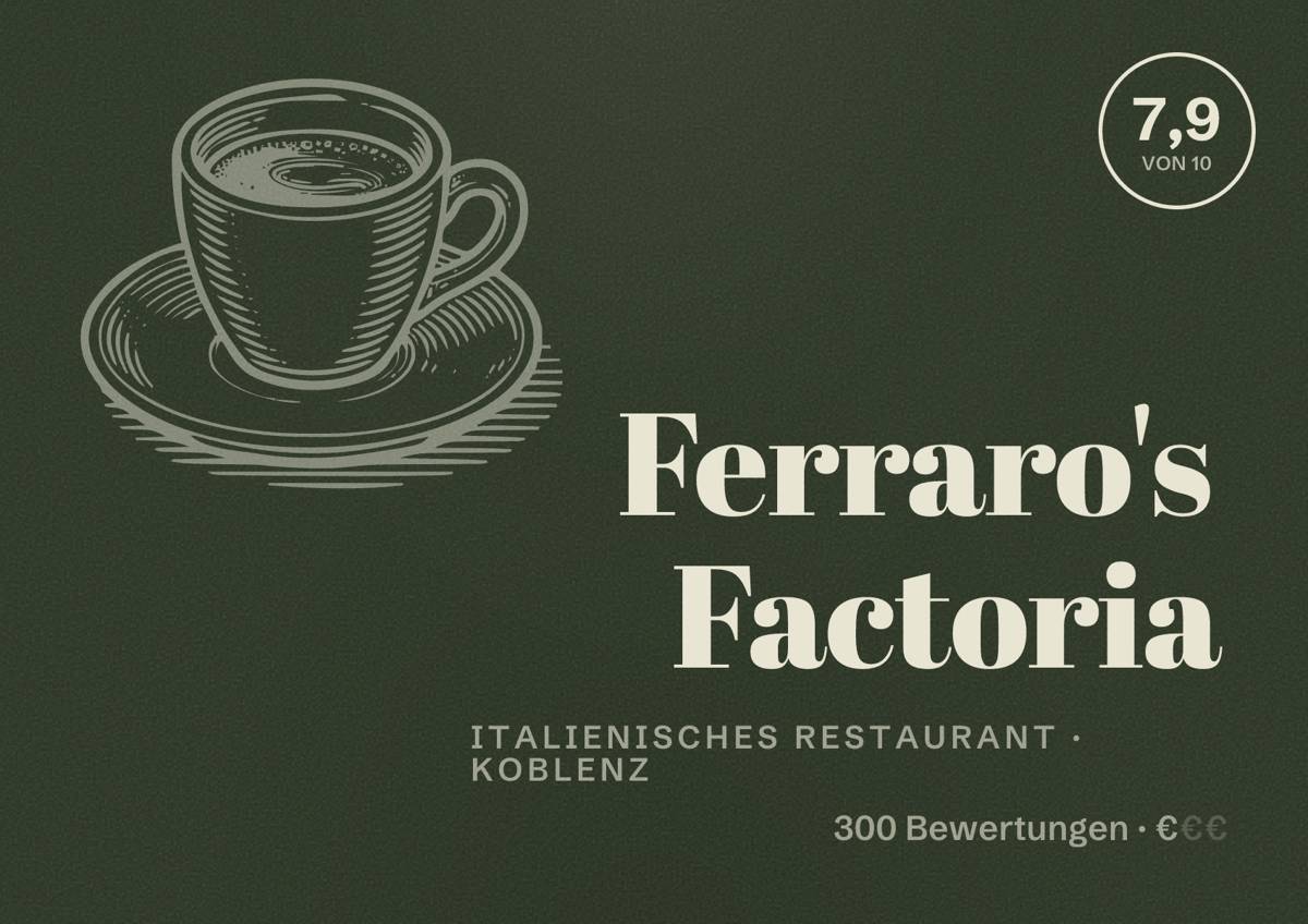 Illustriertes Poster von Ferraro's Factoria, Italienisches Restaurant in Koblenz: Bewertung 7,9 von 10 aus 300 Bewertungen, Preisniveau €
