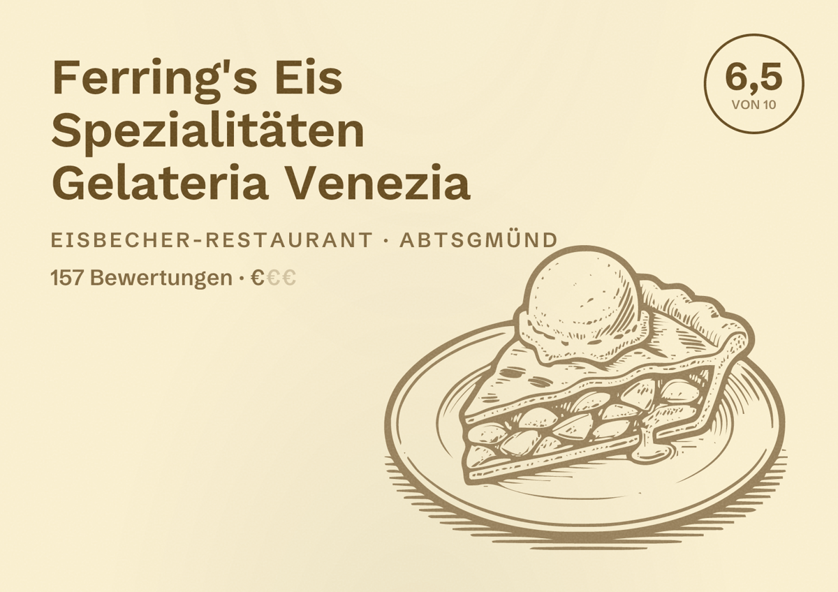 Illustriertes Poster von Ferring's Eis Spezialitäten Gelateria Venezia, Eisbecher-Restaurant in Abtsgmünd: Bewertung 6,5 von 10 aus 157 Bewertungen, Preisniveau €