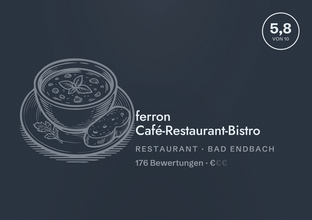 Illustriertes Poster von ferron Café-Restaurant-Bistro, Restaurant in Bad Endbach: Bewertung 5,8 von 10 aus 176 Bewertungen, Preisniveau €