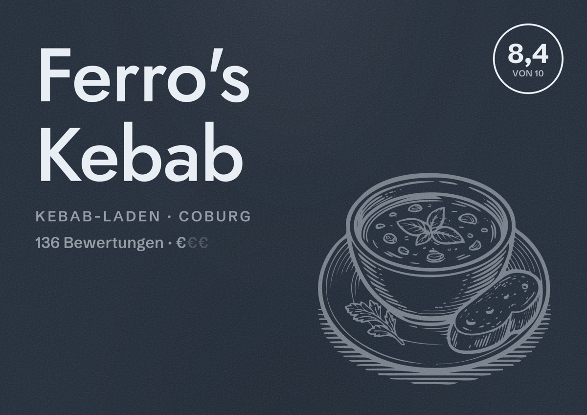 Illustriertes Poster von Ferro's Kebab, Kebab-Laden in Coburg: Bewertung 8,4 von 10 aus 136 Bewertungen, Preisniveau €