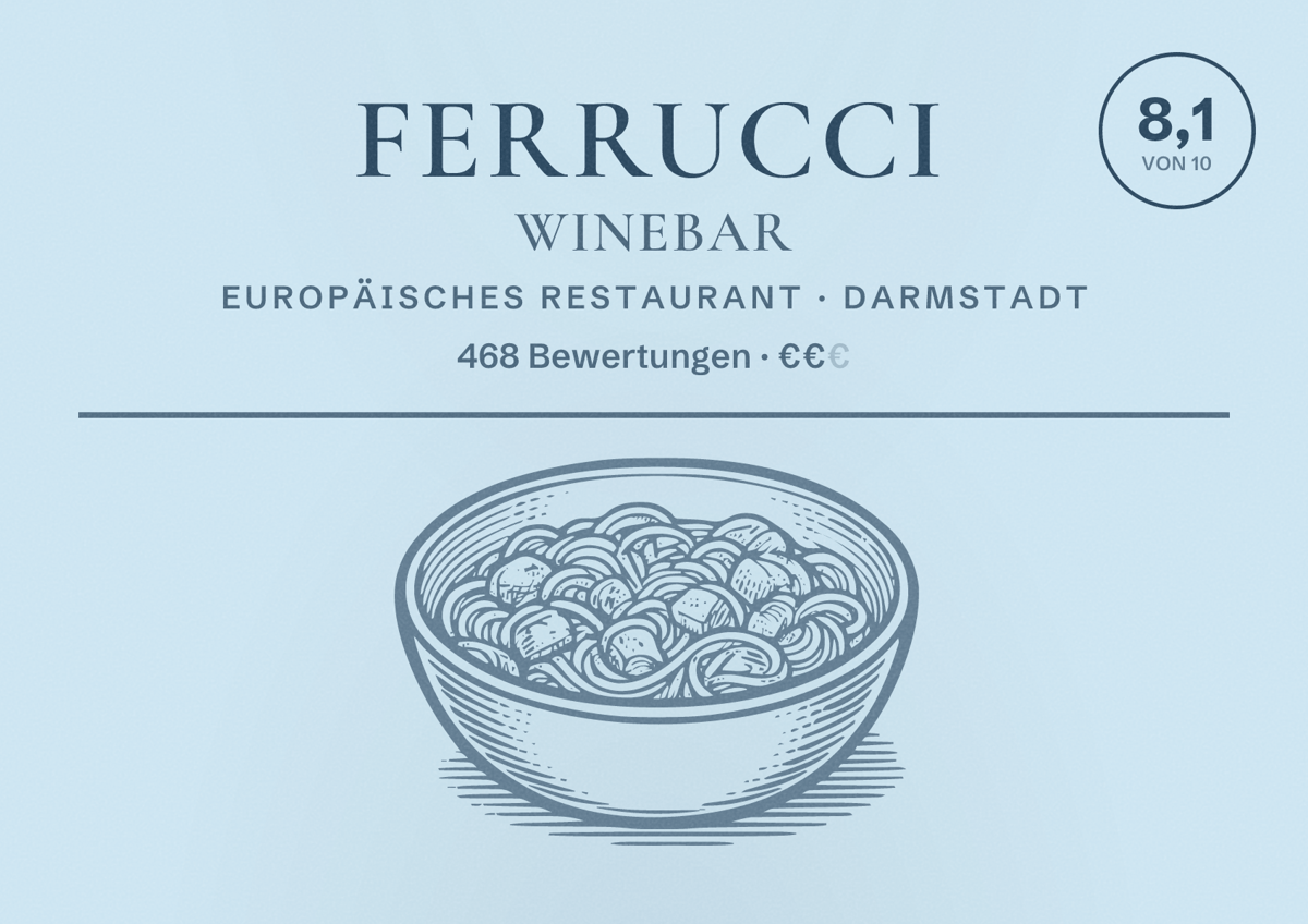 Illustriertes Poster von Ferrucci Winebar, Europäisches Restaurant in Darmstadt: Bewertung 8,1 von 10 aus 468 Bewertungen, Preisniveau €€