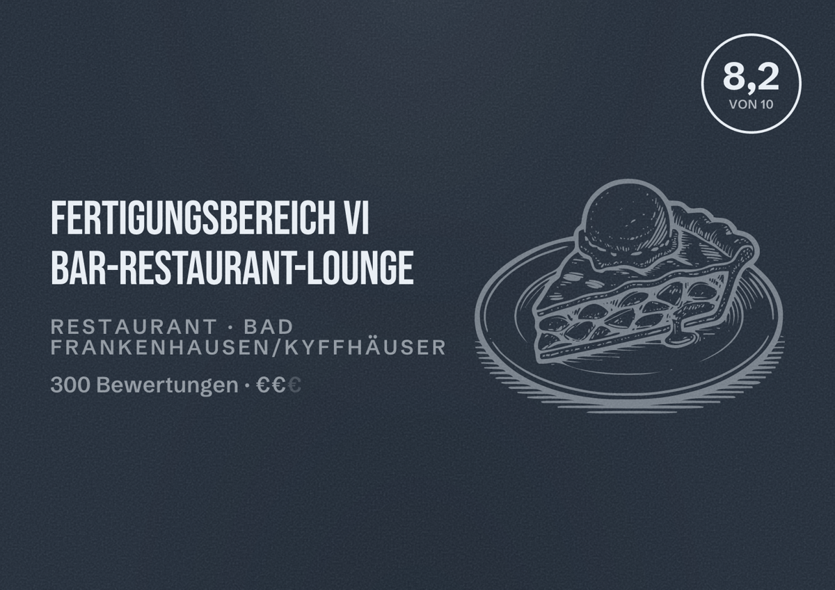 Illustriertes Poster von Fertigungsbereich VI Bar-Restaurant-Lounge, Restaurant in Bad Frankenhausen/Kyffhäuser: Bewertung 8,2 von 10 aus 300 Bewertungen, Preisniveau €€